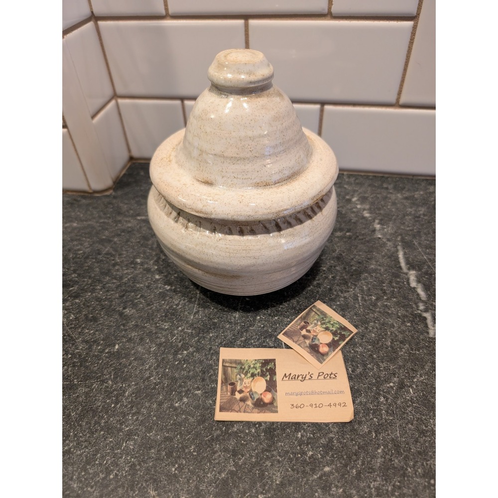 Mary's Pots Studio Pottery Lidded Jar‎ Cream Yellow Teal Hand Thrown Signed MS
